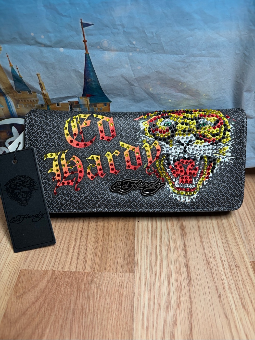 Ed Hardy Rhinestone Tiger Flap Clutch Wallet Checkbook Style New with Tags